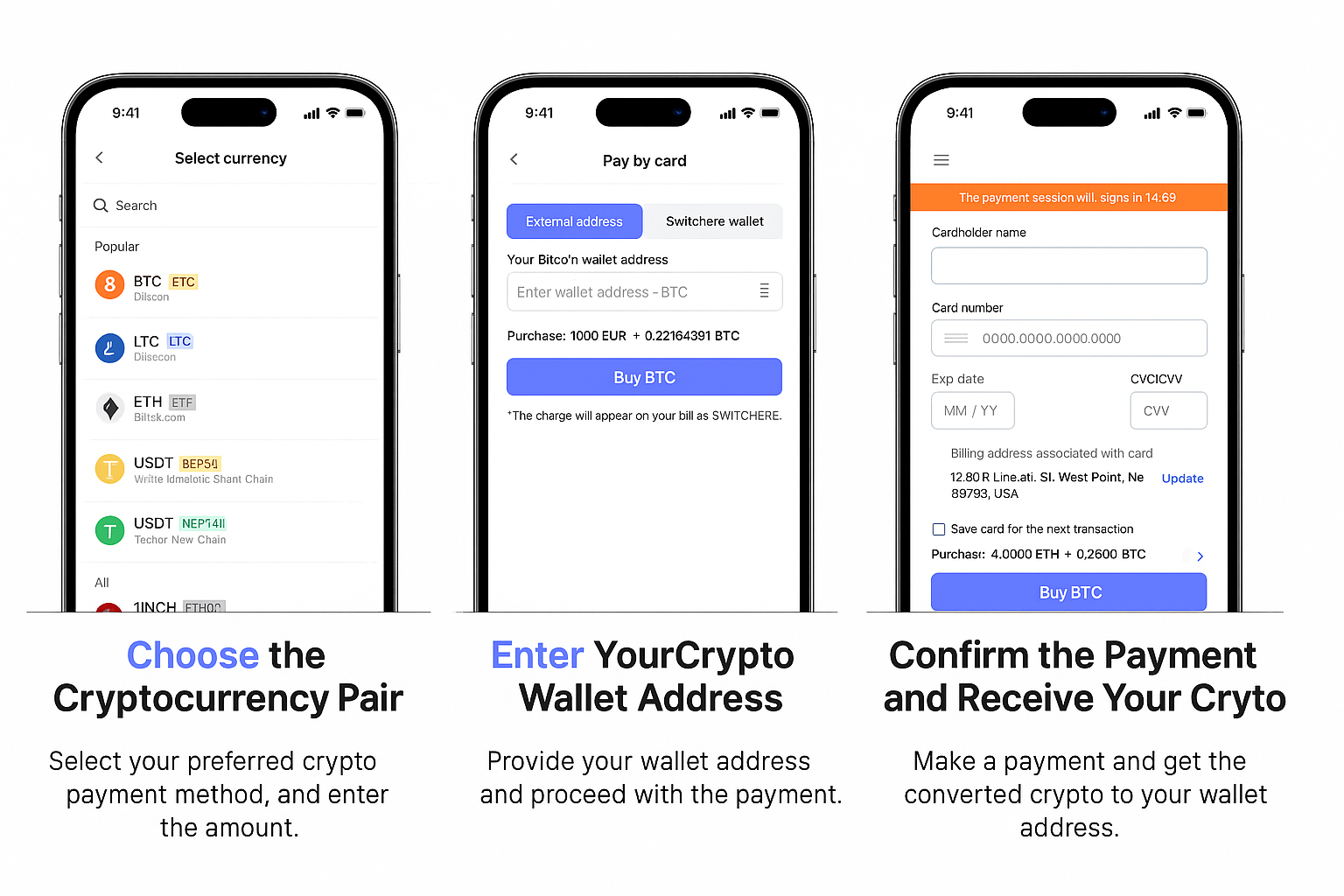 Cryptocurrency exchange illustration showing Bitcoin, Ethereum and other digital currencies